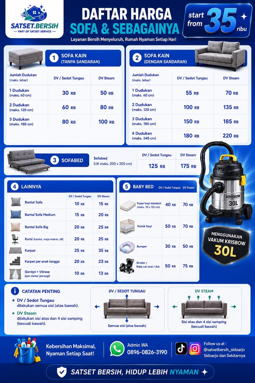 Daftar harga DV Steam sofa dan sejenisnya Satset Bersih